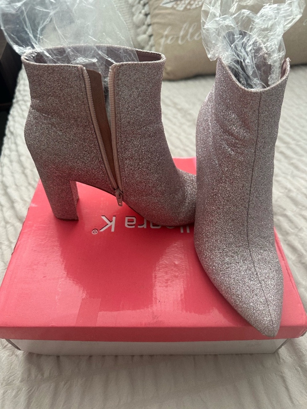 Light Pink Glitter Heeled Booties